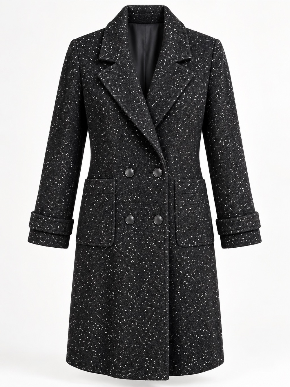 Vintage Speckled Wool Maxi Coat Black Double Breasted Oversized Quiet Luxury